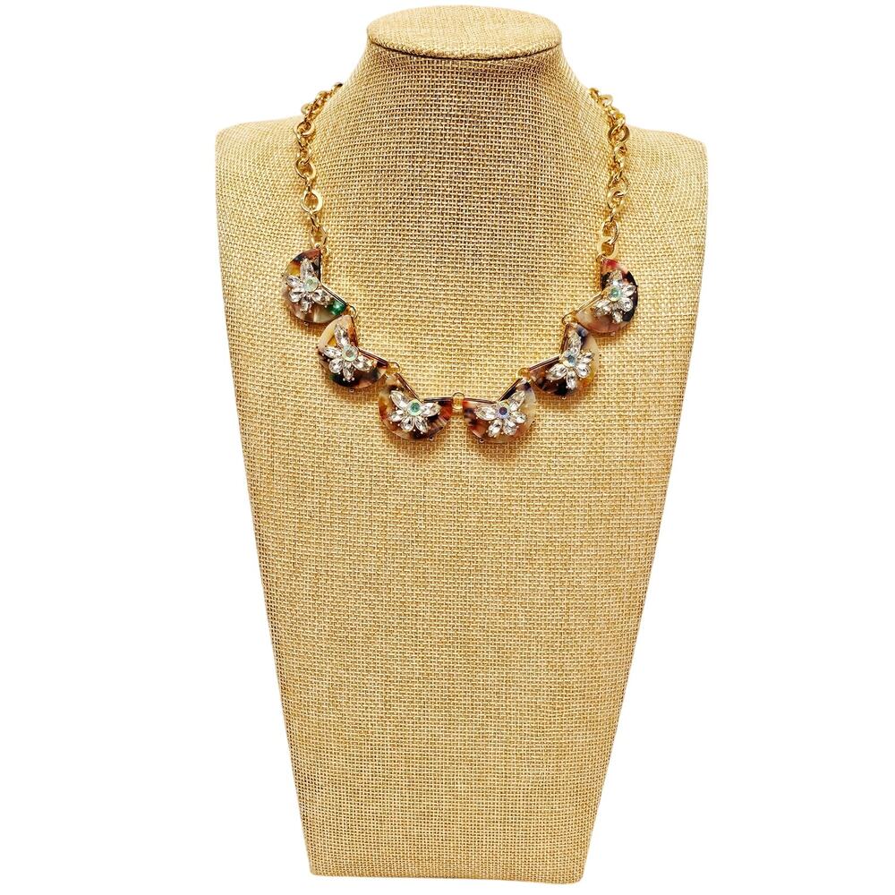 Tortoise Shell Statement Necklace 21in Rhinestone Floral Trend Kohls Gold Tone